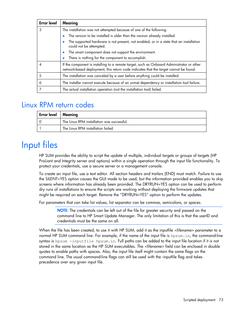 Linux rpm return codes, Input files | HP ProLiant Support Pack User Manual | Page 73 / 120