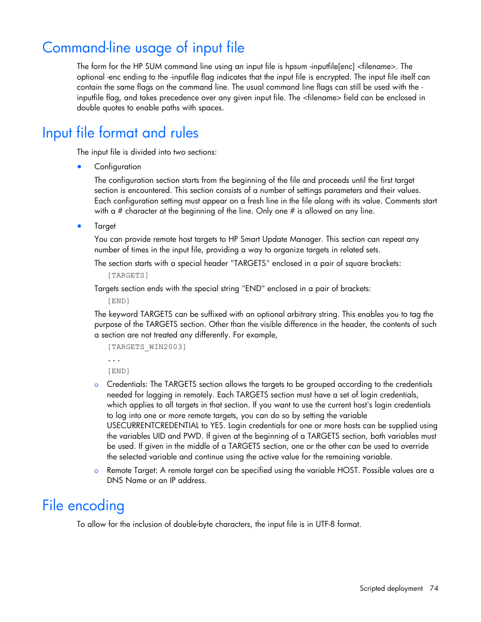 Command-line usage of input file, Input file format and rules, File encoding | HP ProLiant Support Pack User Manual | Page 74 / 120