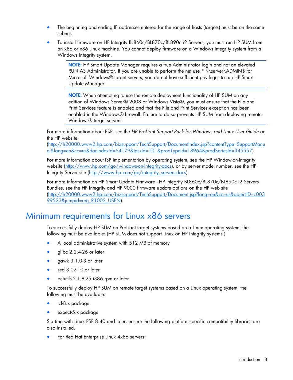 Minimum requirements for linux x86 servers | HP ProLiant Support Pack User Manual | Page 8 / 120