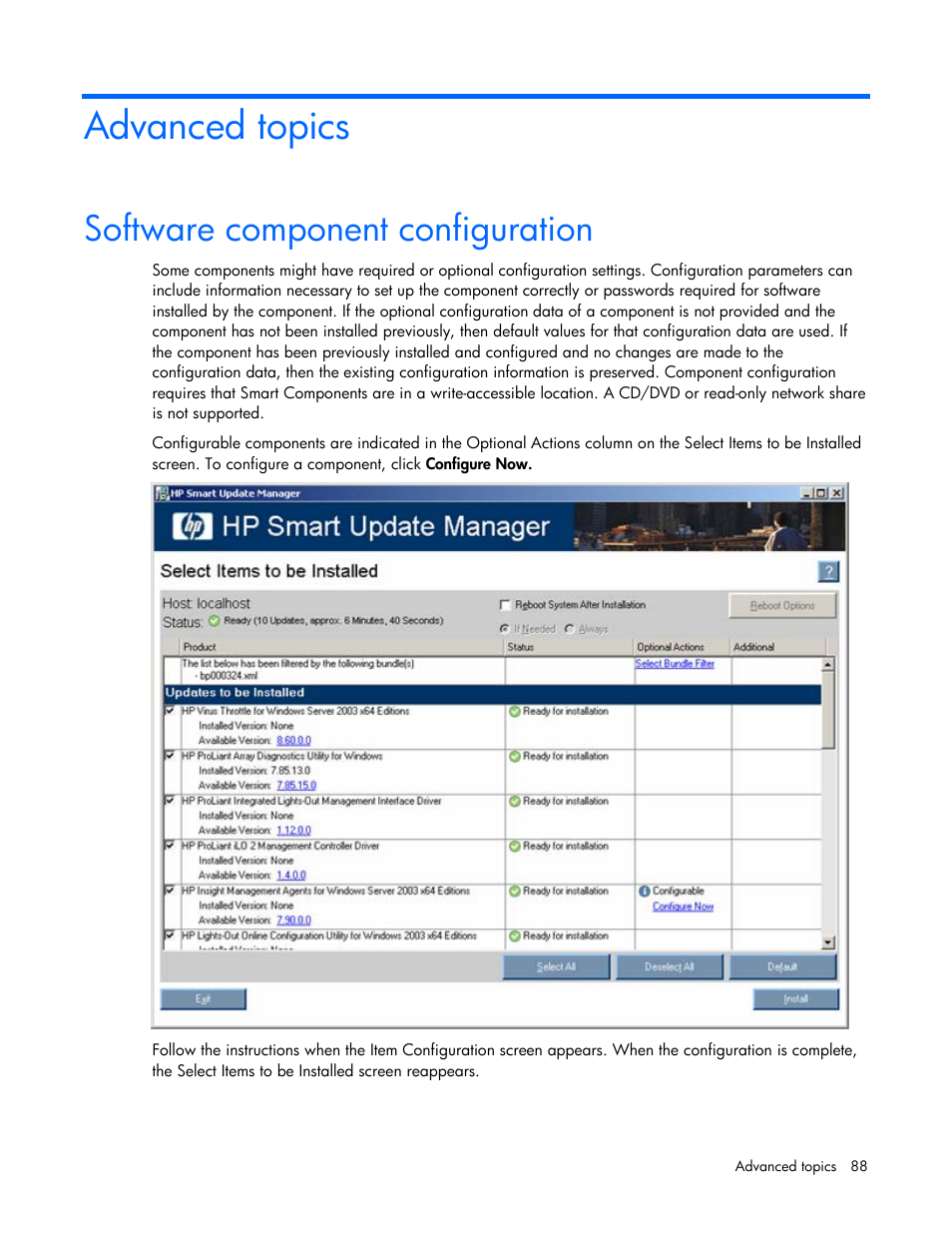 Advanced topics, Software component configuration | HP ProLiant Support Pack User Manual | Page 88 / 120