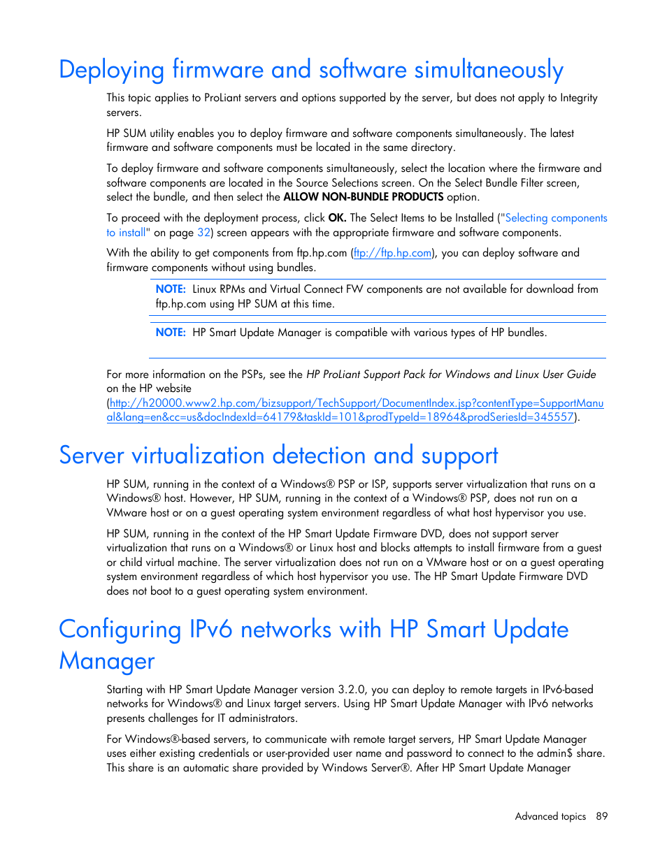 Deploying firmware and software simultaneously, Server virtualization detection and support | HP ProLiant Support Pack User Manual | Page 89 / 120