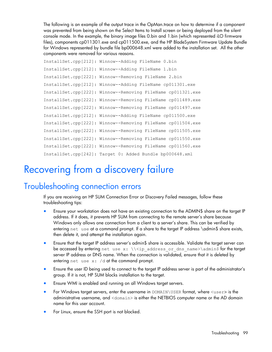 Recovering from a discovery failure, Troubleshooting connection errors | HP ProLiant Support Pack User Manual | Page 99 / 120