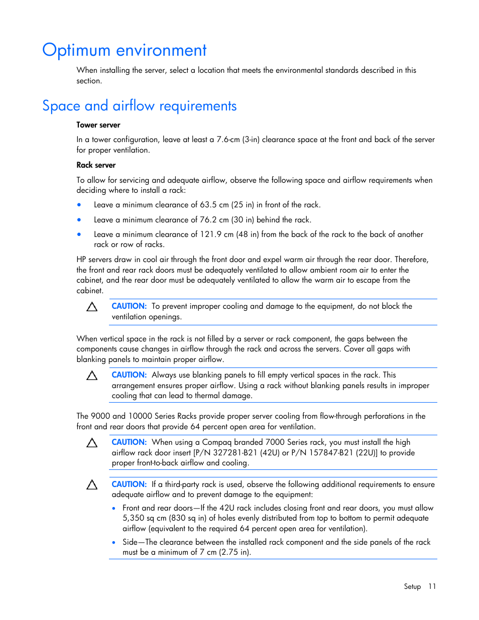 Optimum environment, Space and airflow requirements | HP ProLiant DL120 G5 Server User Manual | Page 11 / 99