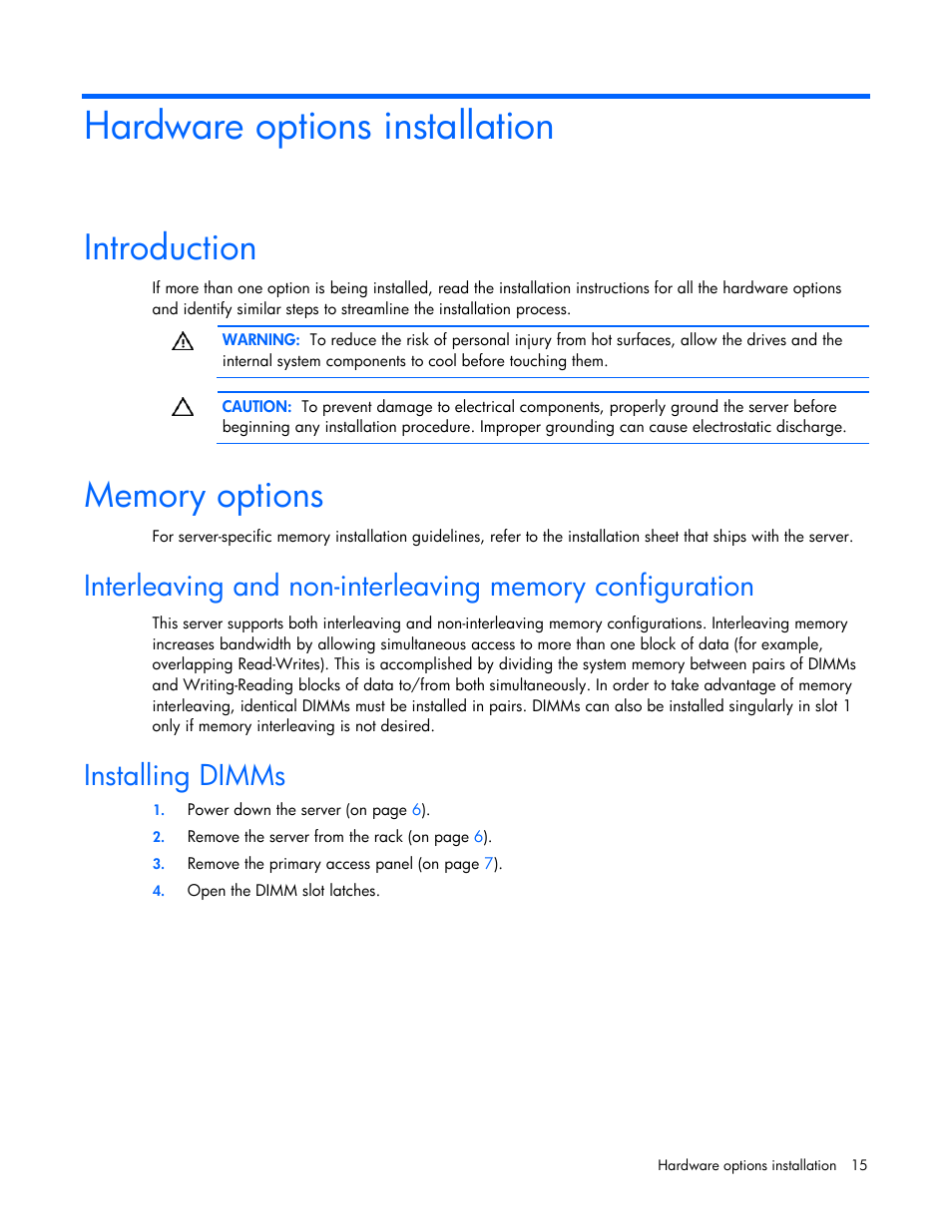 Hardware options installation, Introduction, Memory options | Installing dimms | HP ProLiant DL120 G5 Server User Manual | Page 15 / 99