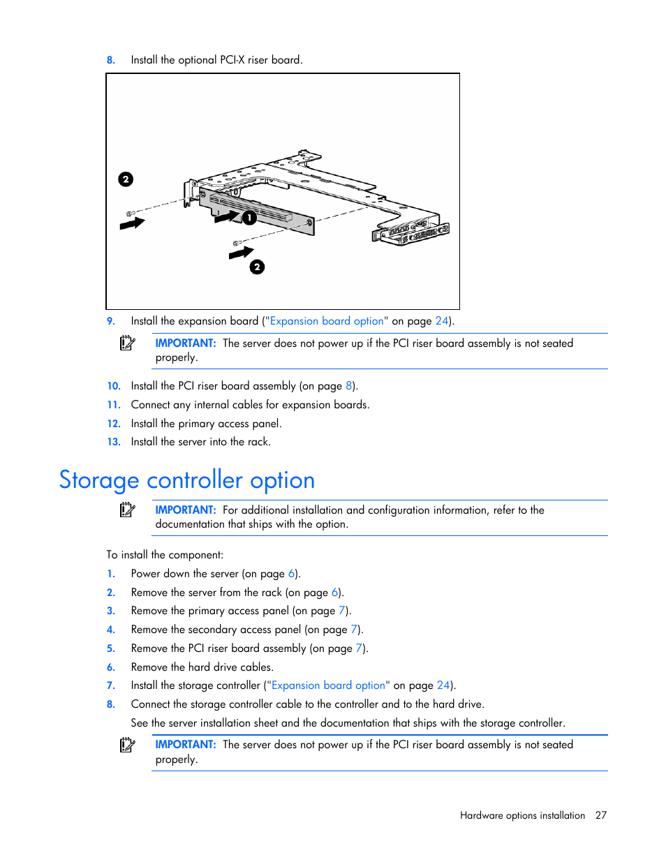 Storage controller option | HP ProLiant DL120 G5 Server User Manual | Page 27 / 99