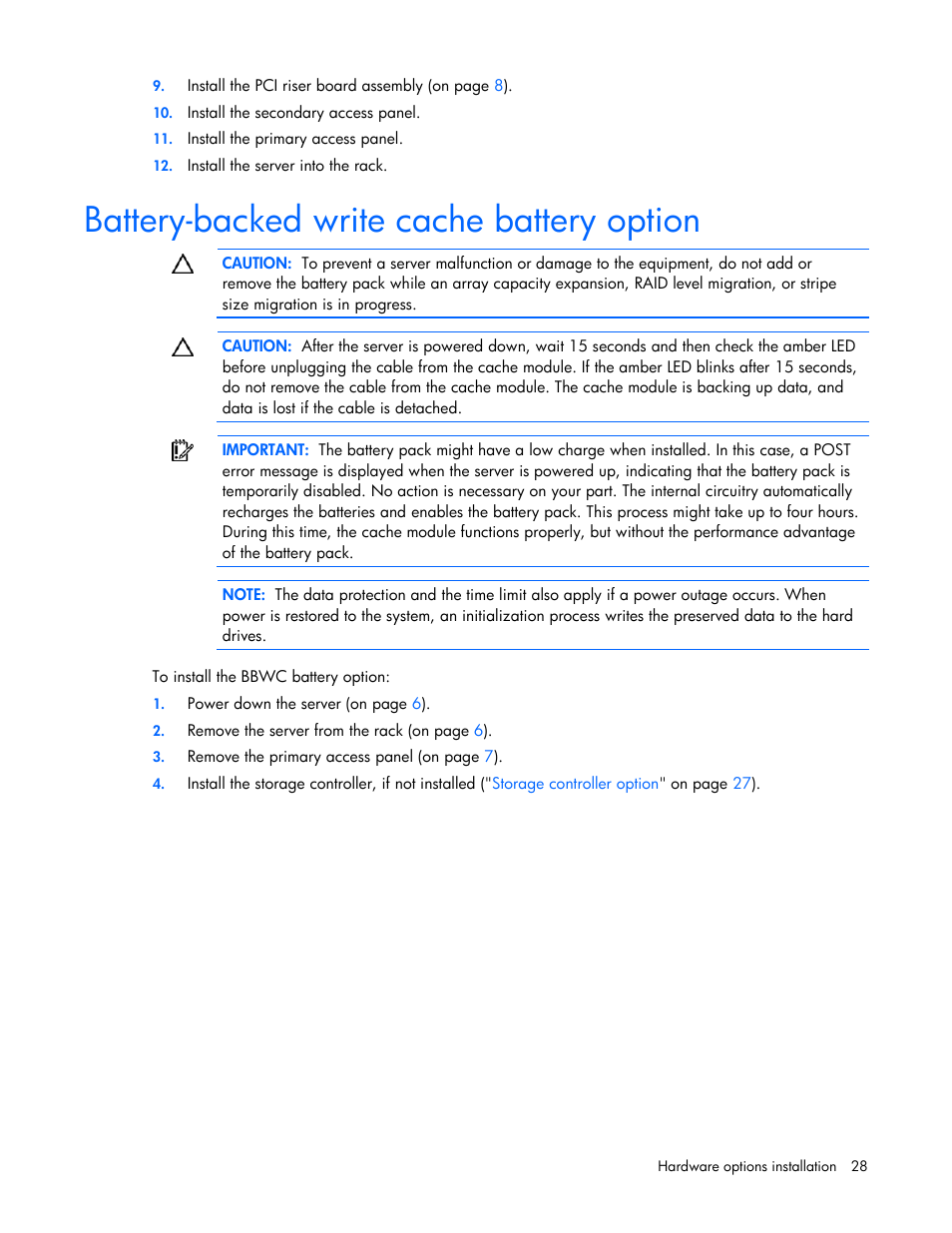 Battery-backed write cache battery option | HP ProLiant DL120 G5 Server User Manual | Page 28 / 99