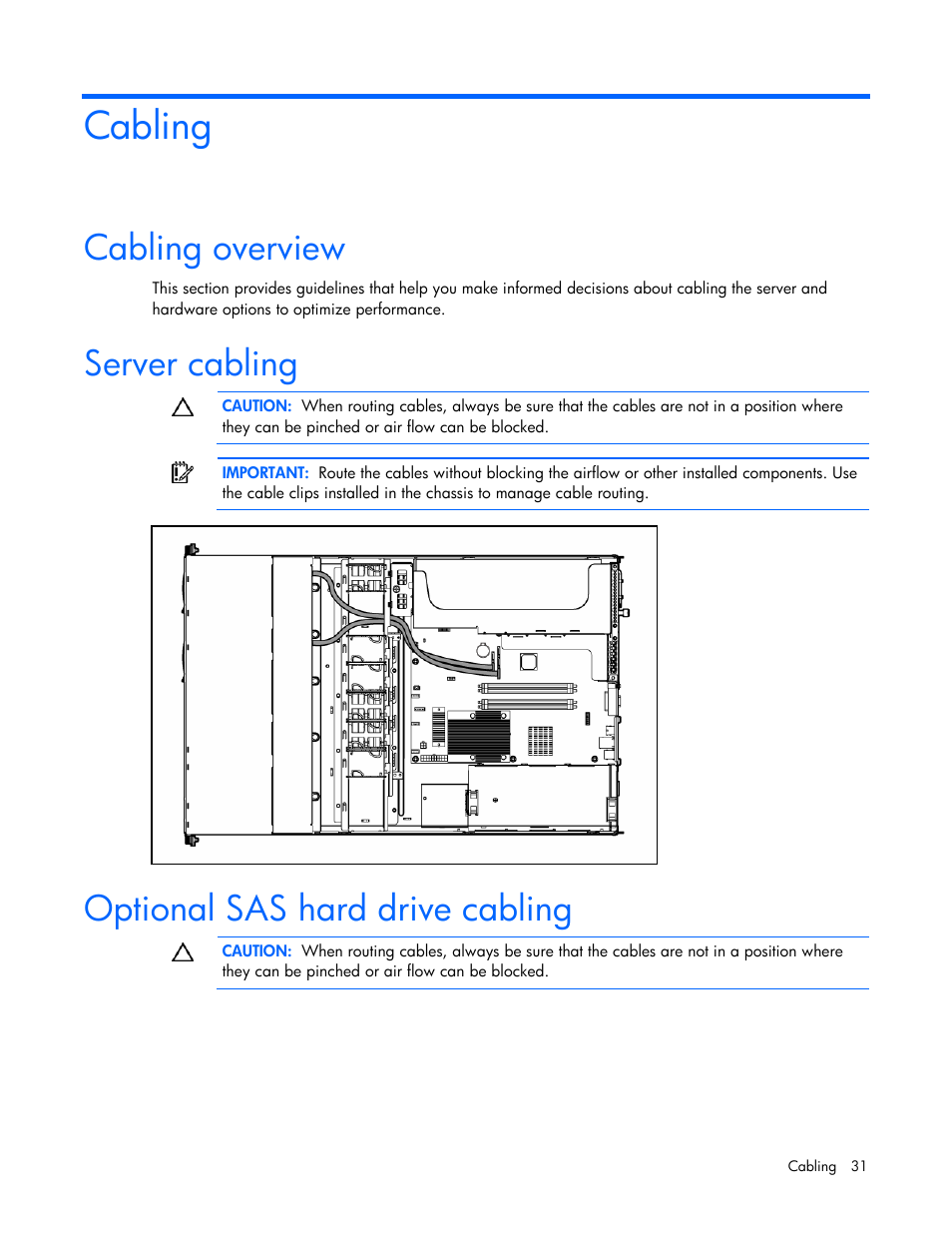 Cabling, Cabling overview, Server cabling | Optional sas hard drive cabling | HP ProLiant DL120 G5 Server User Manual | Page 31 / 99