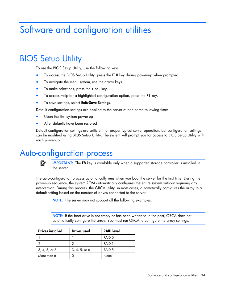 Software and configuration utilities, Bios setup utility, Auto-configuration process | HP ProLiant DL120 G5 Server User Manual | Page 34 / 99