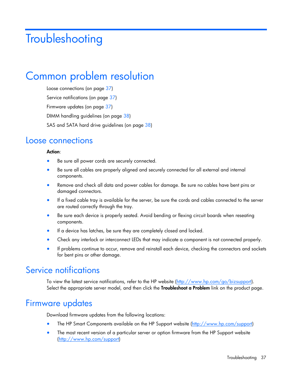 Troubleshooting, Common problem resolution, Loose connections | Service notifications, Firmware updates | HP ProLiant DL120 G5 Server User Manual | Page 37 / 99