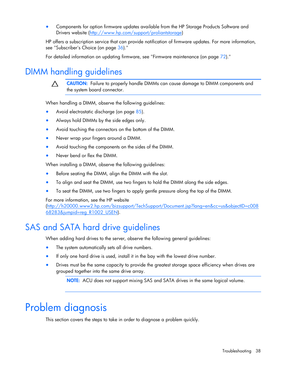 Dimm handling guidelines, Sas and sata hard drive guidelines, Problem diagnosis | HP ProLiant DL120 G5 Server User Manual | Page 38 / 99