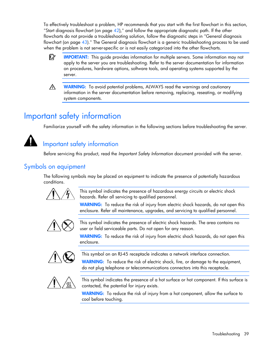 Important safety information, Symbols on equipment | HP ProLiant DL120 G5 Server User Manual | Page 39 / 99