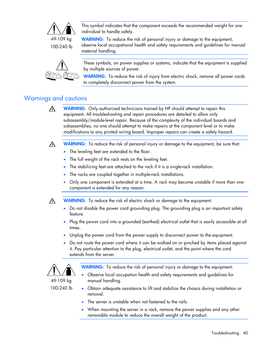 Warnings and cautions | HP ProLiant DL120 G5 Server User Manual | Page 40 / 99