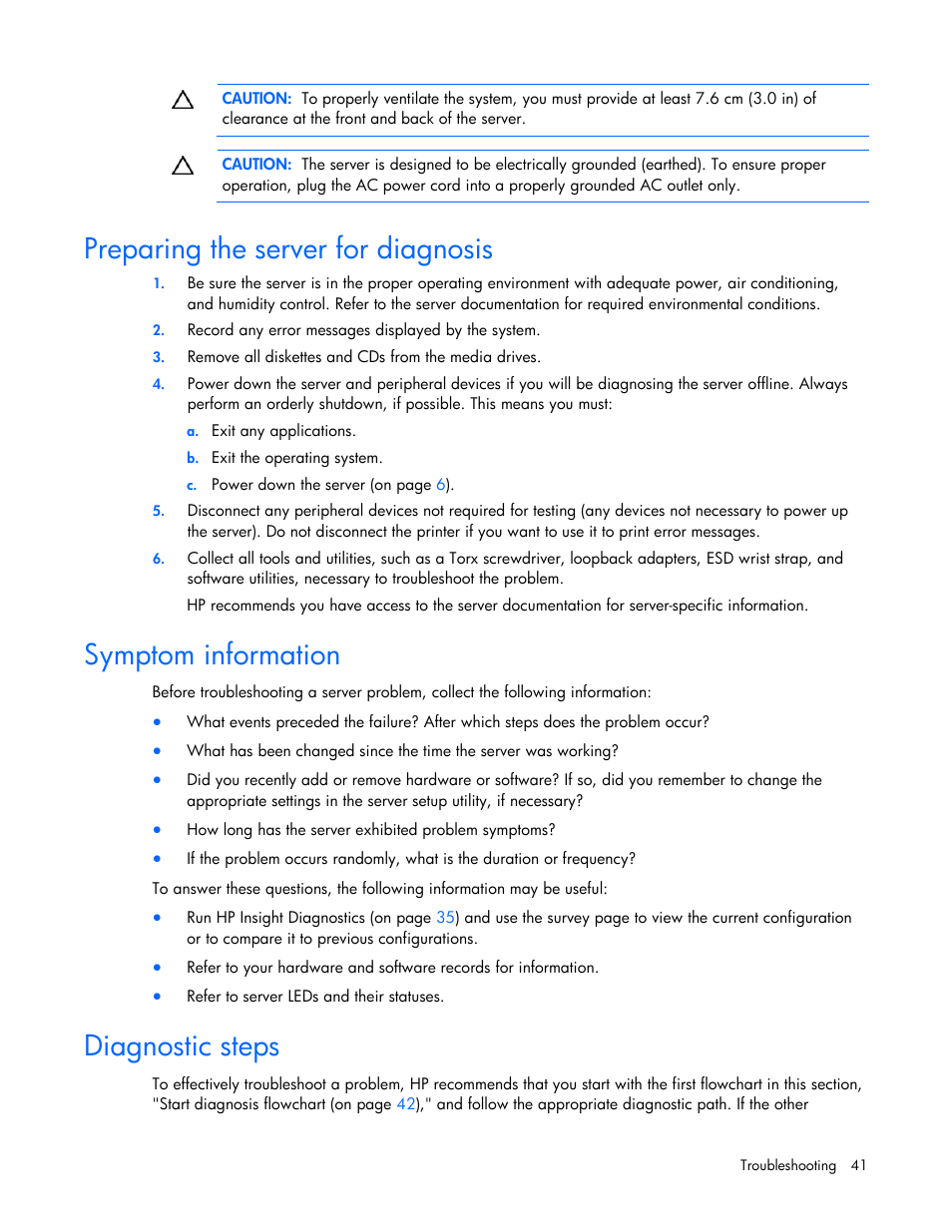 Preparing the server for diagnosis, Symptom information, Diagnostic steps | HP ProLiant DL120 G5 Server User Manual | Page 41 / 99