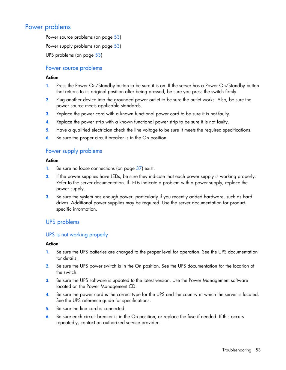 Power problems | HP ProLiant DL120 G5 Server User Manual | Page 53 / 99