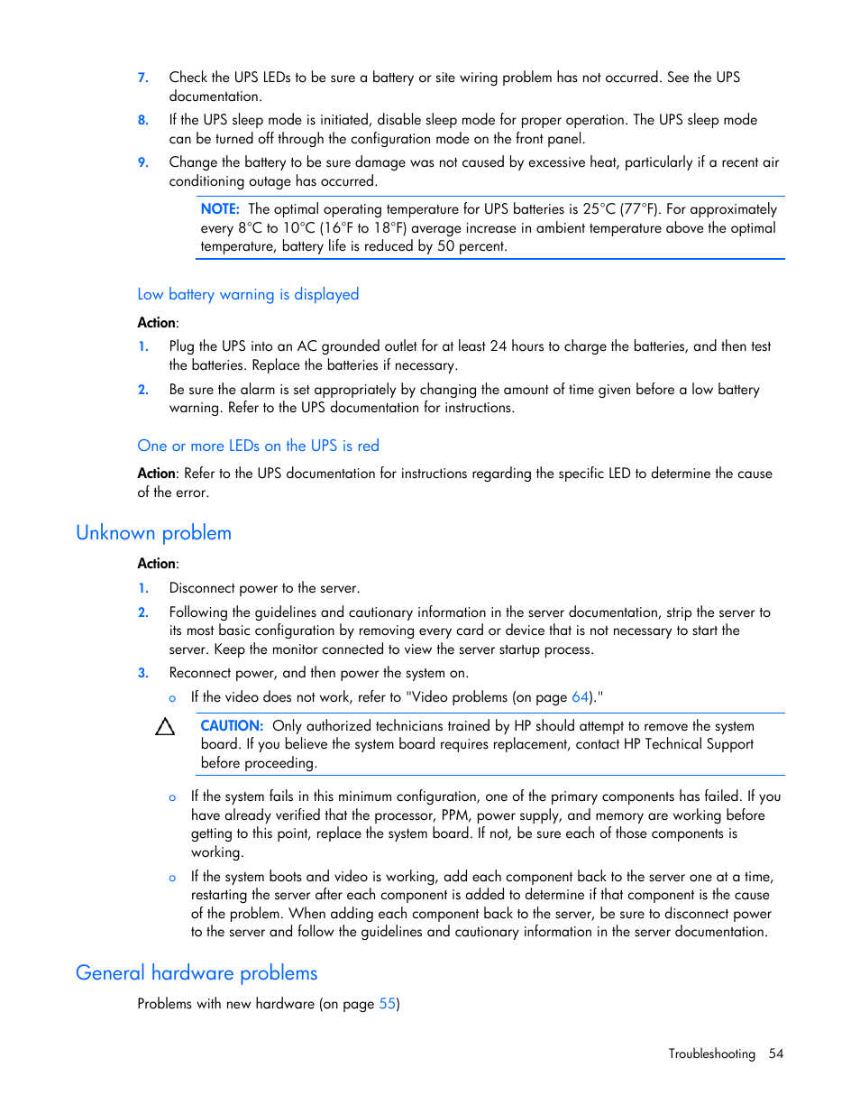 Unknown problem, General hardware problems | HP ProLiant DL120 G5 Server User Manual | Page 54 / 99