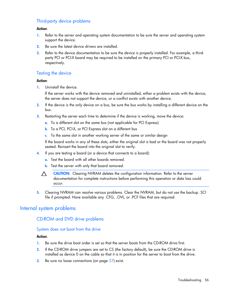 Internal system problems | HP ProLiant DL120 G5 Server User Manual | Page 56 / 99