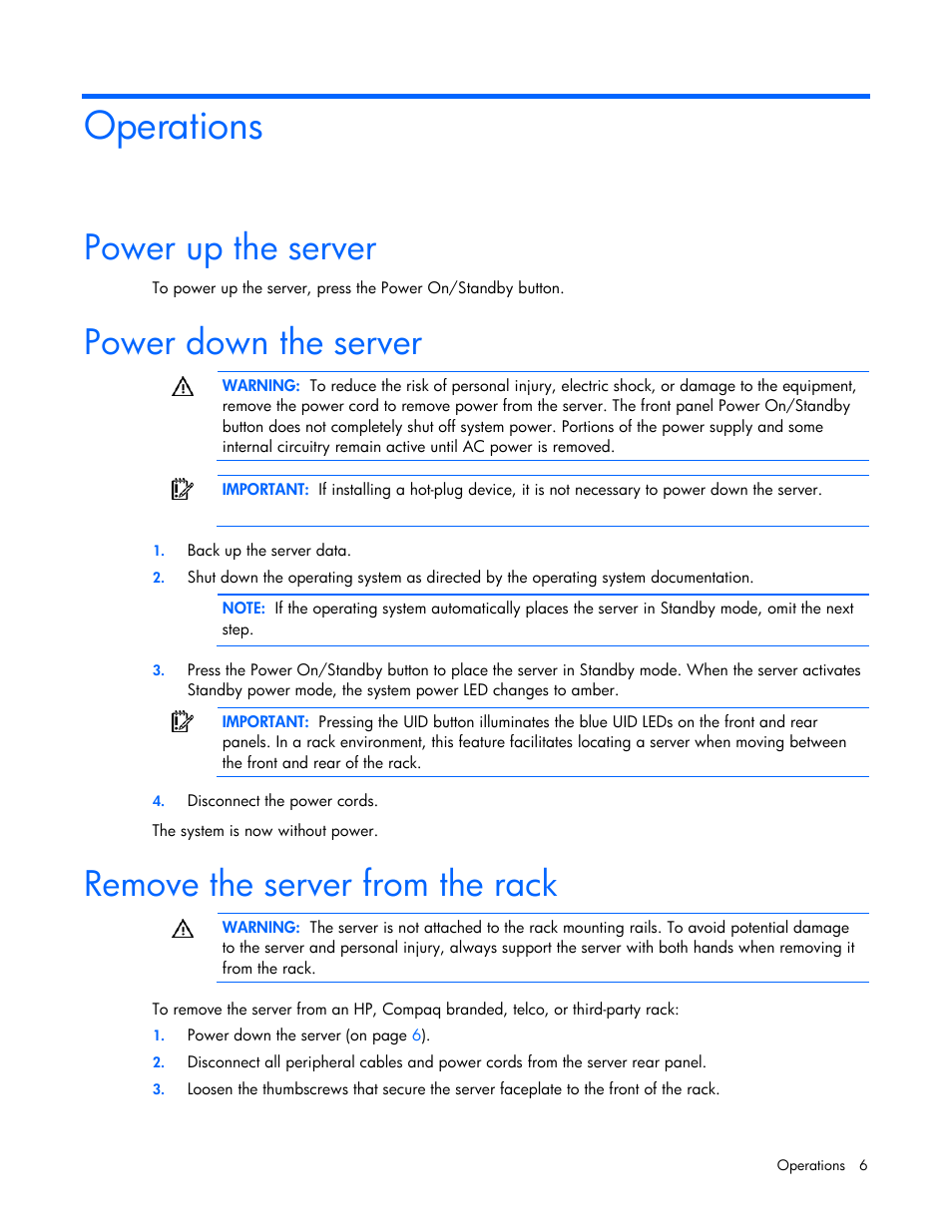 Operations, Power up the server, Power down the server | Remove the server from the rack | HP ProLiant DL120 G5 Server User Manual | Page 6 / 99
