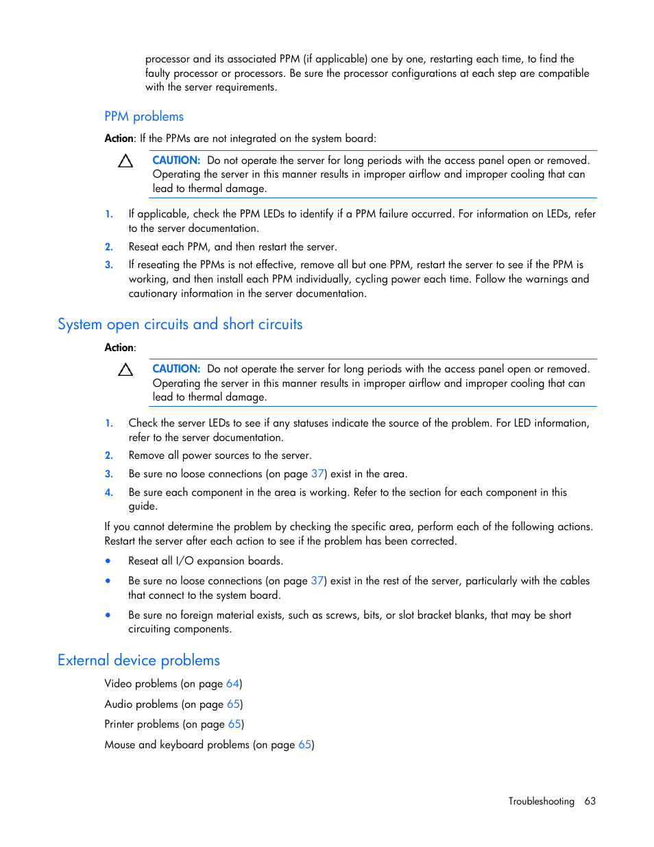 System open circuits and short circuits, External device problems | HP ProLiant DL120 G5 Server User Manual | Page 63 / 99