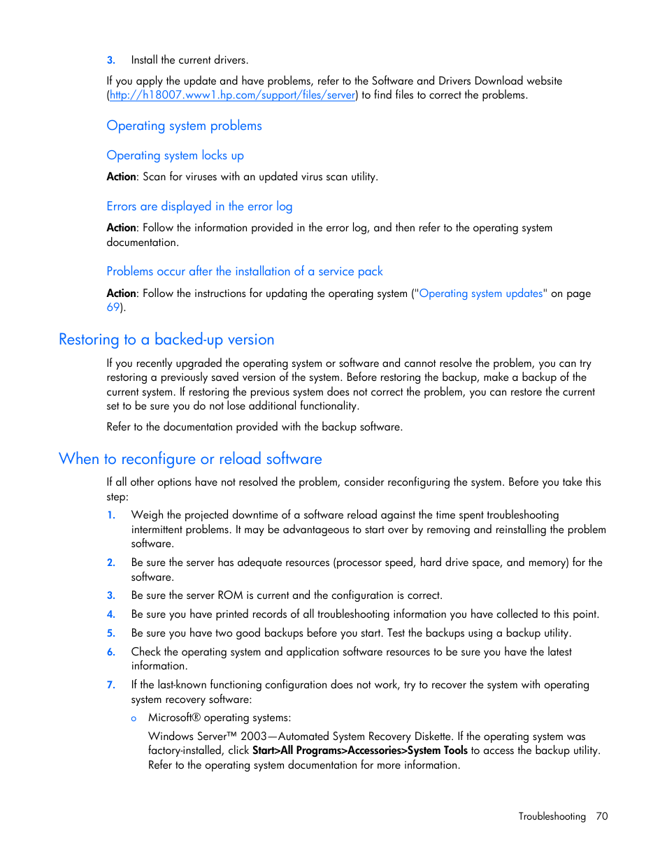Restoring to a backed-up version, When to reconfigure or reload software | HP ProLiant DL120 G5 Server User Manual | Page 70 / 99