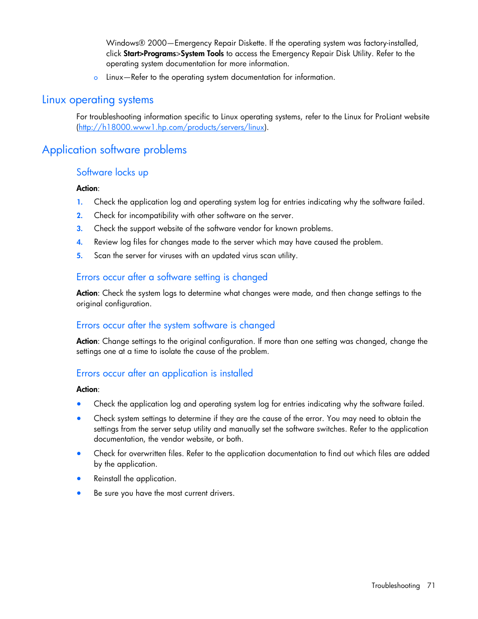 Linux operating systems, Application software problems | HP ProLiant DL120 G5 Server User Manual | Page 71 / 99