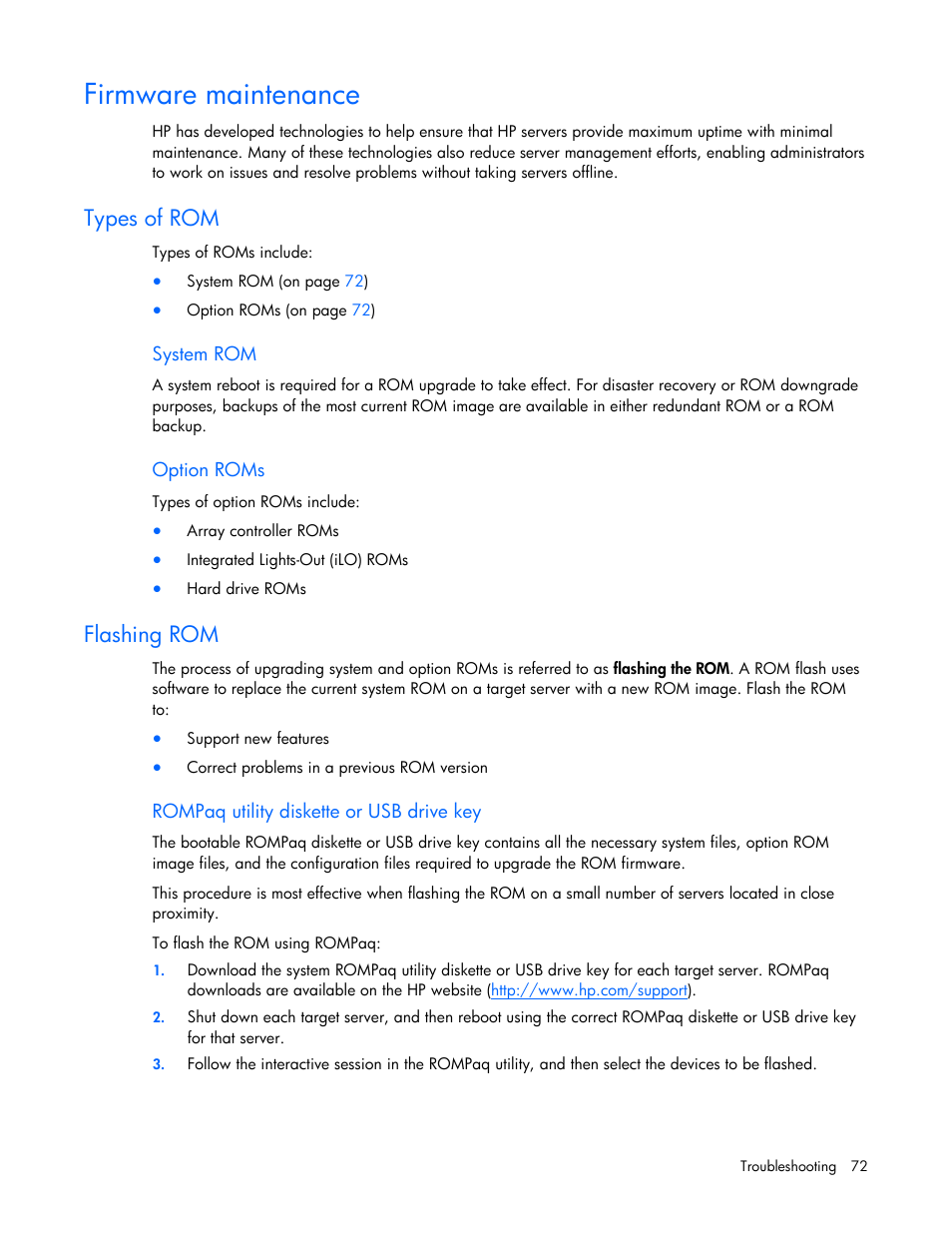 Firmware maintenance, Types of rom, Flashing rom | HP ProLiant DL120 G5 Server User Manual | Page 72 / 99