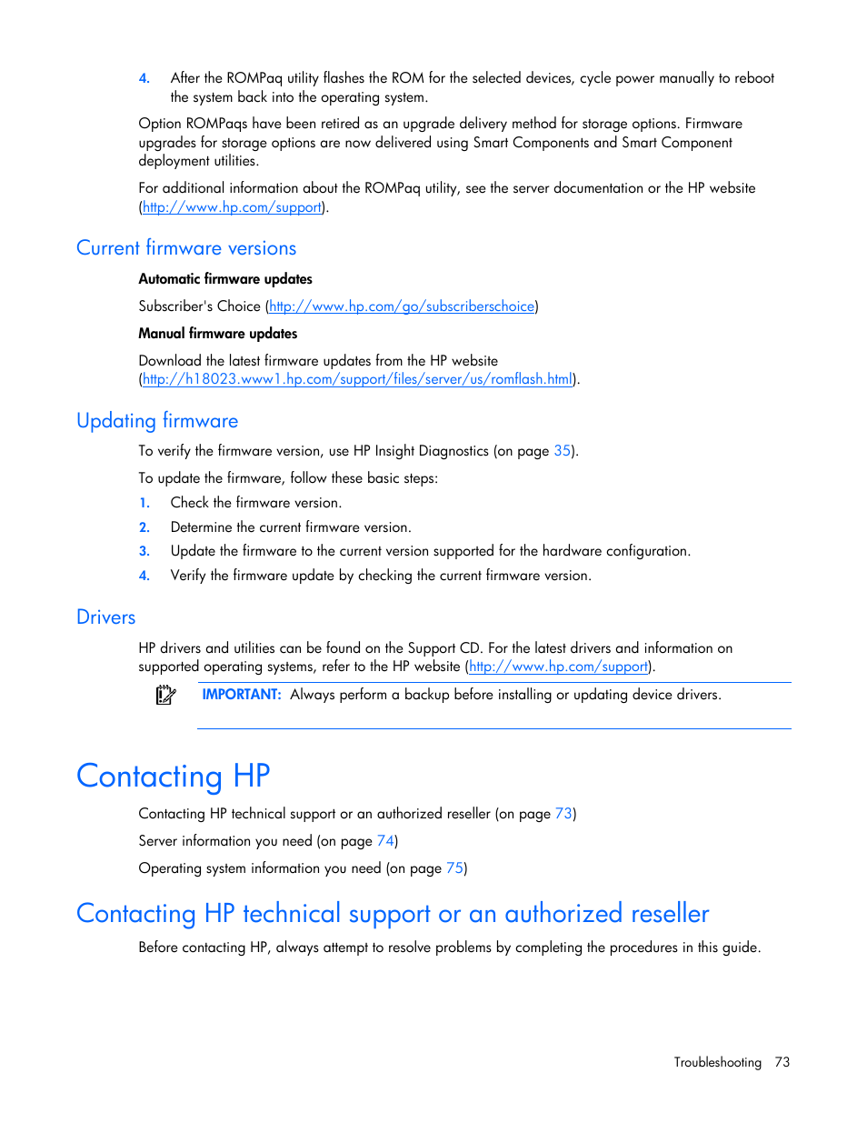 Current firmware versions, Updating firmware, Drivers | Contacting hp | HP ProLiant DL120 G5 Server User Manual | Page 73 / 99