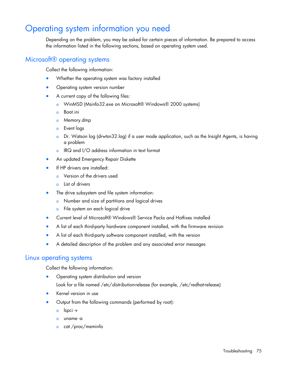 Operating system information you need, Microsoft® operating systems, Linux operating systems | Em information, Before contacting hp for support | HP ProLiant DL120 G5 Server User Manual | Page 75 / 99