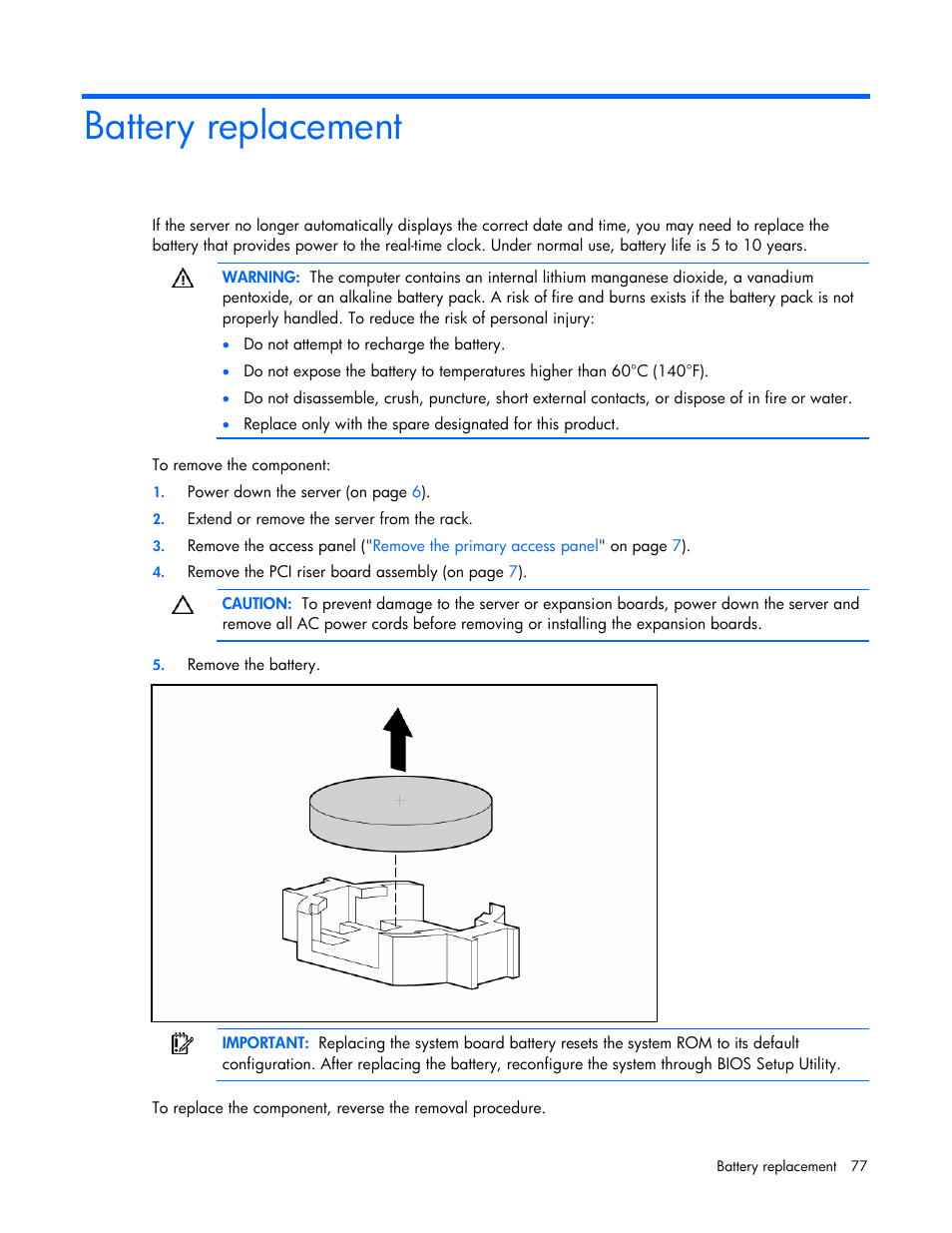 Battery replacement | HP ProLiant DL120 G5 Server User Manual | Page 77 / 99