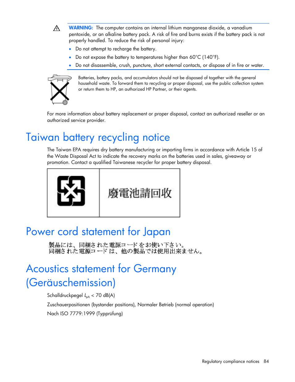 Taiwan battery recycling notice, Power cord statement for japan, Acoustics statement for germany (geräuschemission) | HP ProLiant DL120 G5 Server User Manual | Page 84 / 99