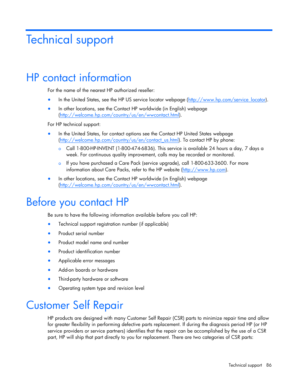 Technical support, Hp contact information, Before you contact hp | Customer self repair | HP ProLiant DL120 G5 Server User Manual | Page 86 / 99