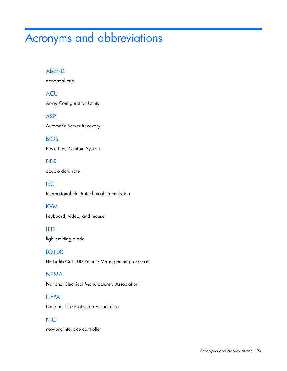 Acronyms and abbreviations | HP ProLiant DL120 G5 Server User Manual | Page 94 / 99