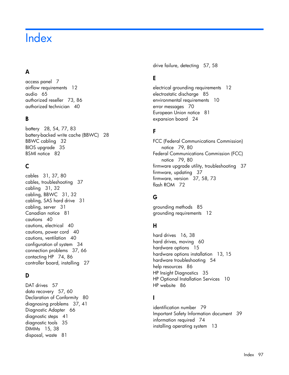 Index | HP ProLiant DL120 G5 Server User Manual | Page 97 / 99