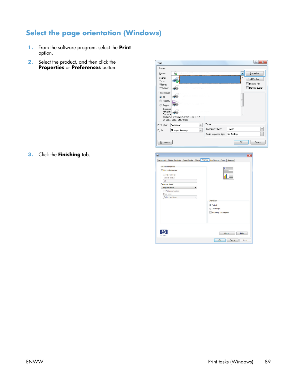 Select the page orientation (windows) | HP LaserJet Enterprise 700 color MFP M775 series User Manual | Page 103 / 332