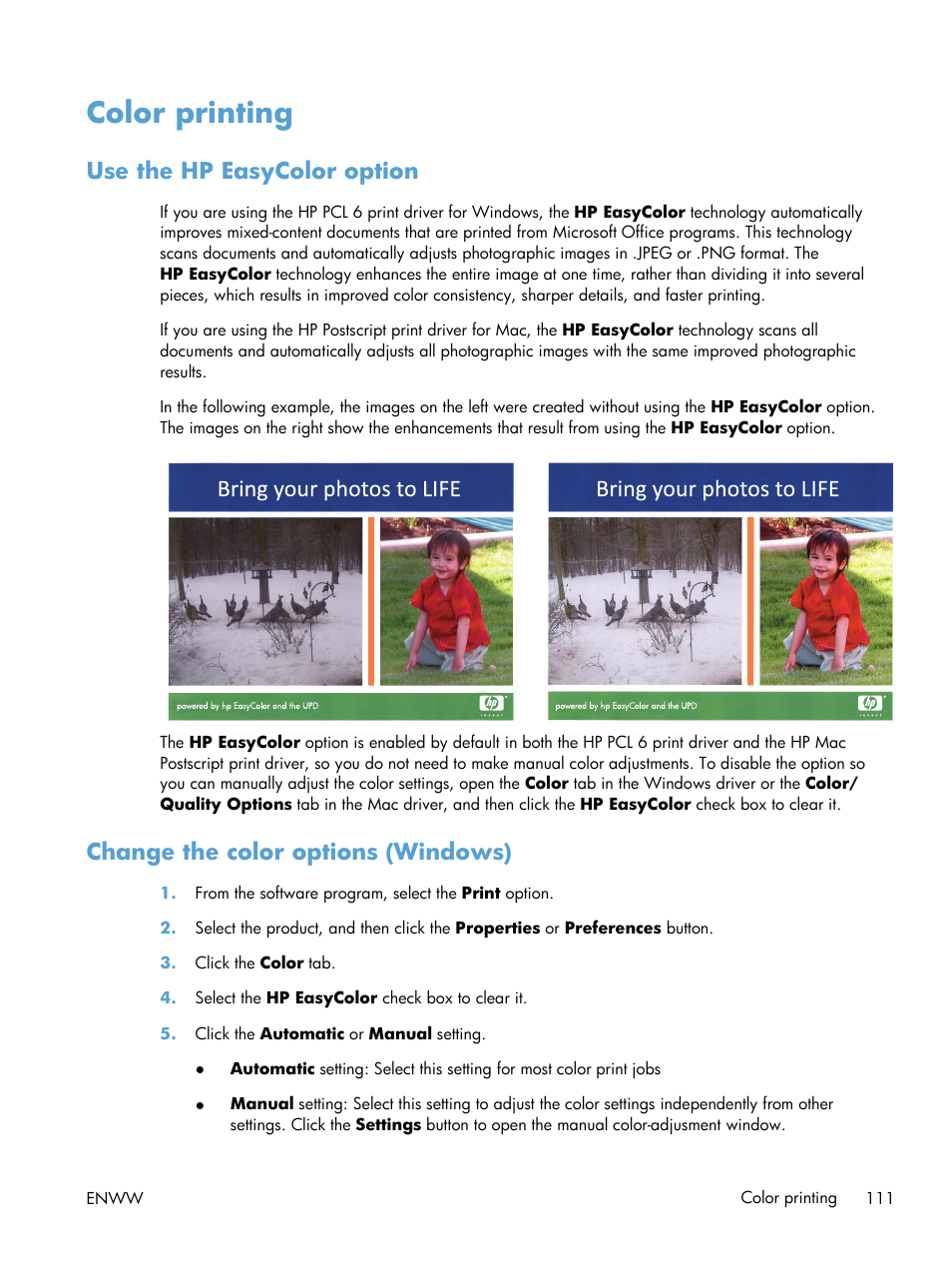 Color printing, Use the hp easycolor option, Change the color options (windows) | HP LaserJet Enterprise 700 color MFP M775 series User Manual | Page 125 / 332