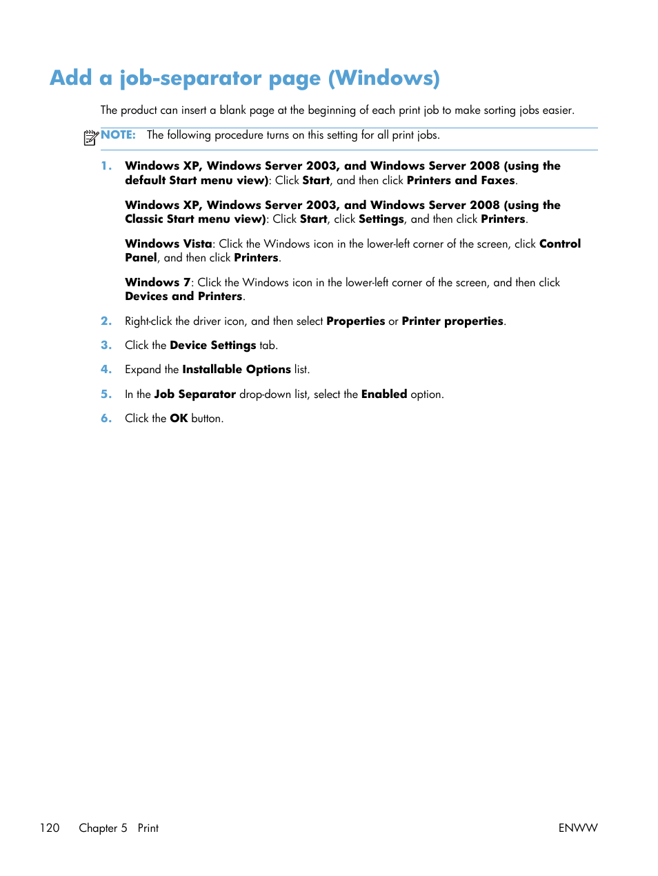 Add a job-separator page (windows) | HP LaserJet Enterprise 700 color MFP M775 series User Manual | Page 134 / 332