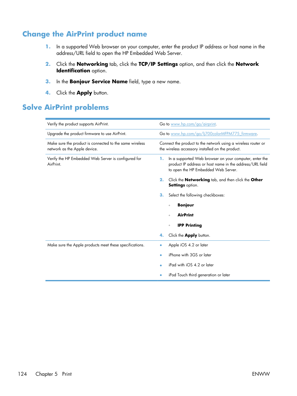 Change the airprint product name, Solve airprint problems | HP LaserJet Enterprise 700 color MFP M775 series User Manual | Page 138 / 332