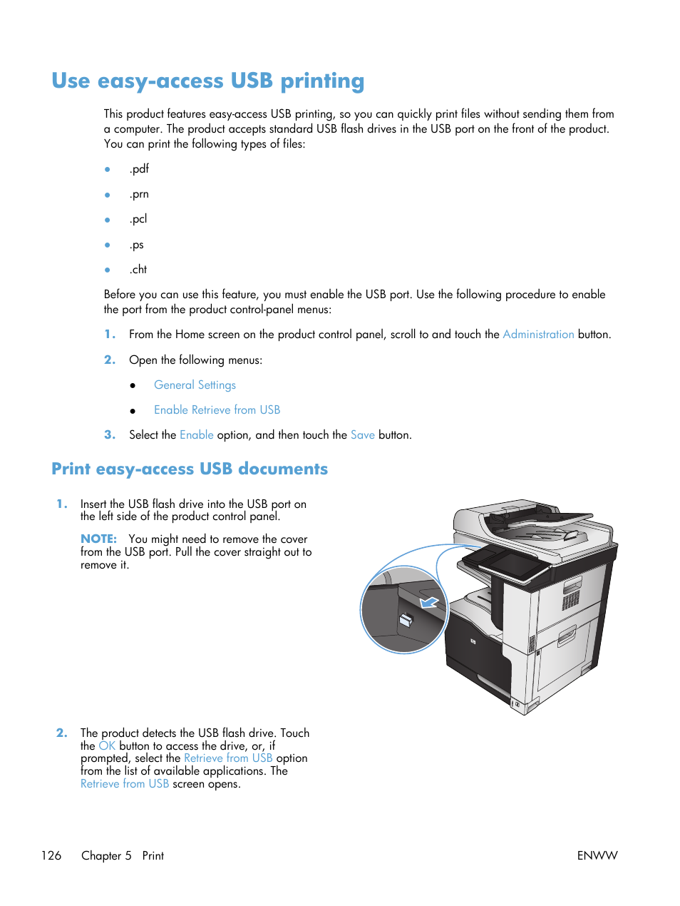 Use easy-access usb printing, Print easy-access usb documents | HP LaserJet Enterprise 700 color MFP M775 series User Manual | Page 140 / 332