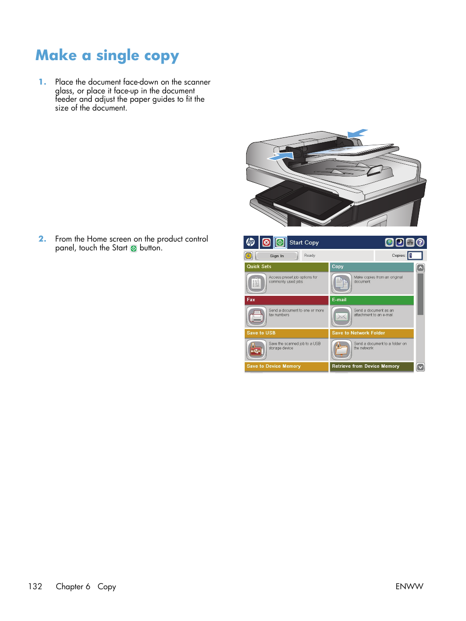 Make a single copy | HP LaserJet Enterprise 700 color MFP M775 series User Manual | Page 146 / 332