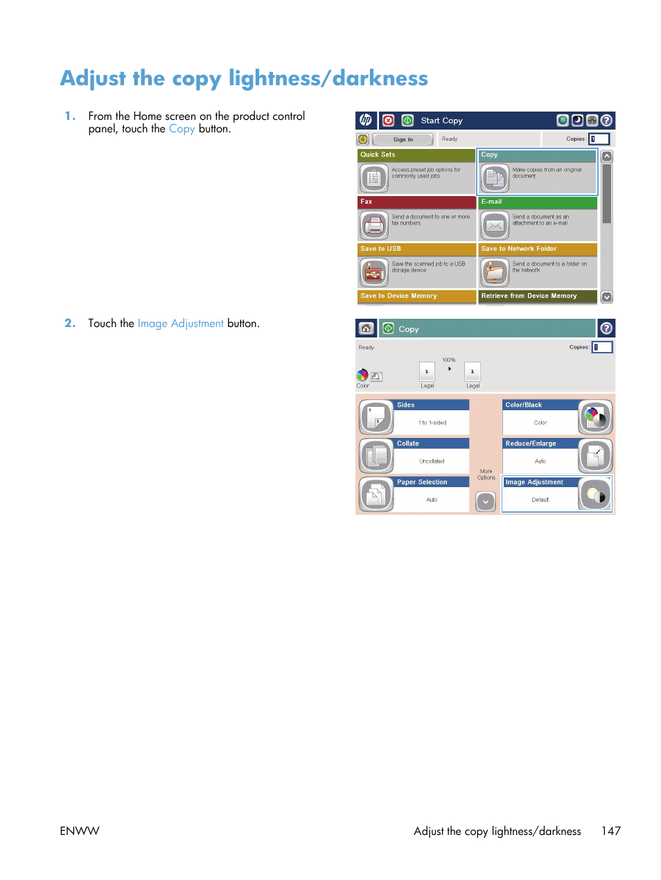 Adjust the copy lightness/darkness | HP LaserJet Enterprise 700 color MFP M775 series User Manual | Page 161 / 332