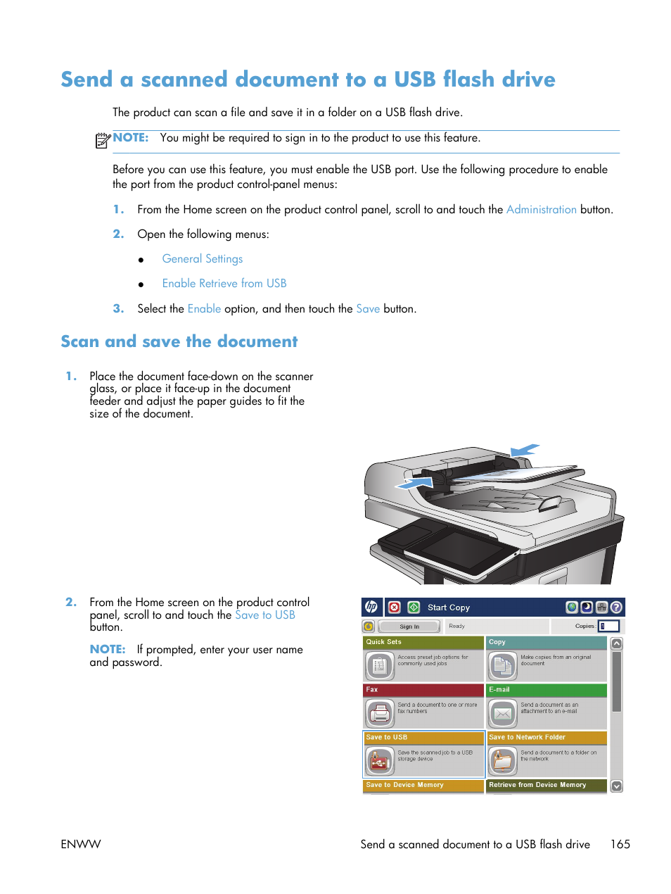 Send a scanned document to a usb flash drive, Scan and save the document | HP LaserJet Enterprise 700 color MFP M775 series User Manual | Page 179 / 332