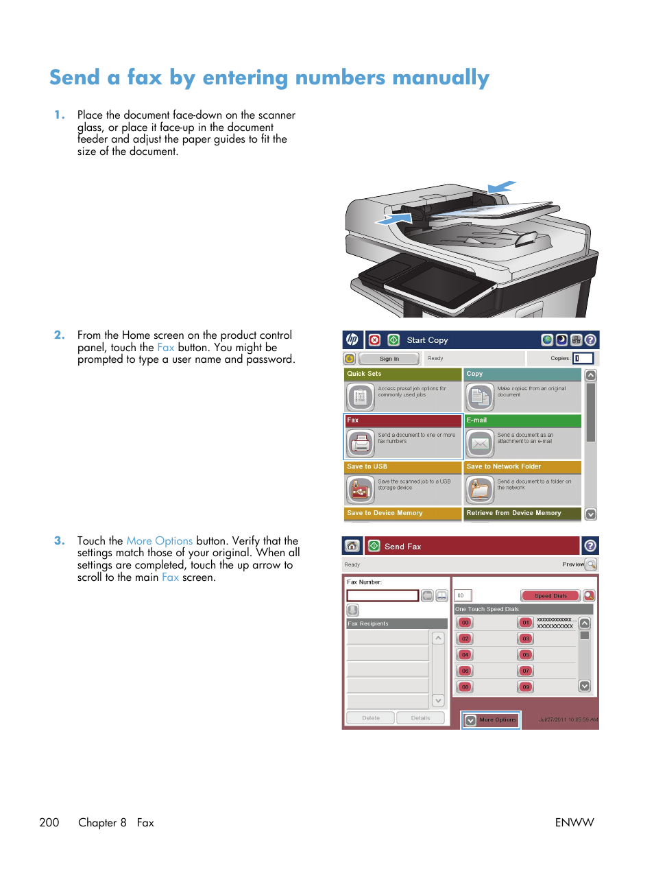 Send a fax by entering numbers manually | HP LaserJet Enterprise 700 color MFP M775 series User Manual | Page 214 / 332