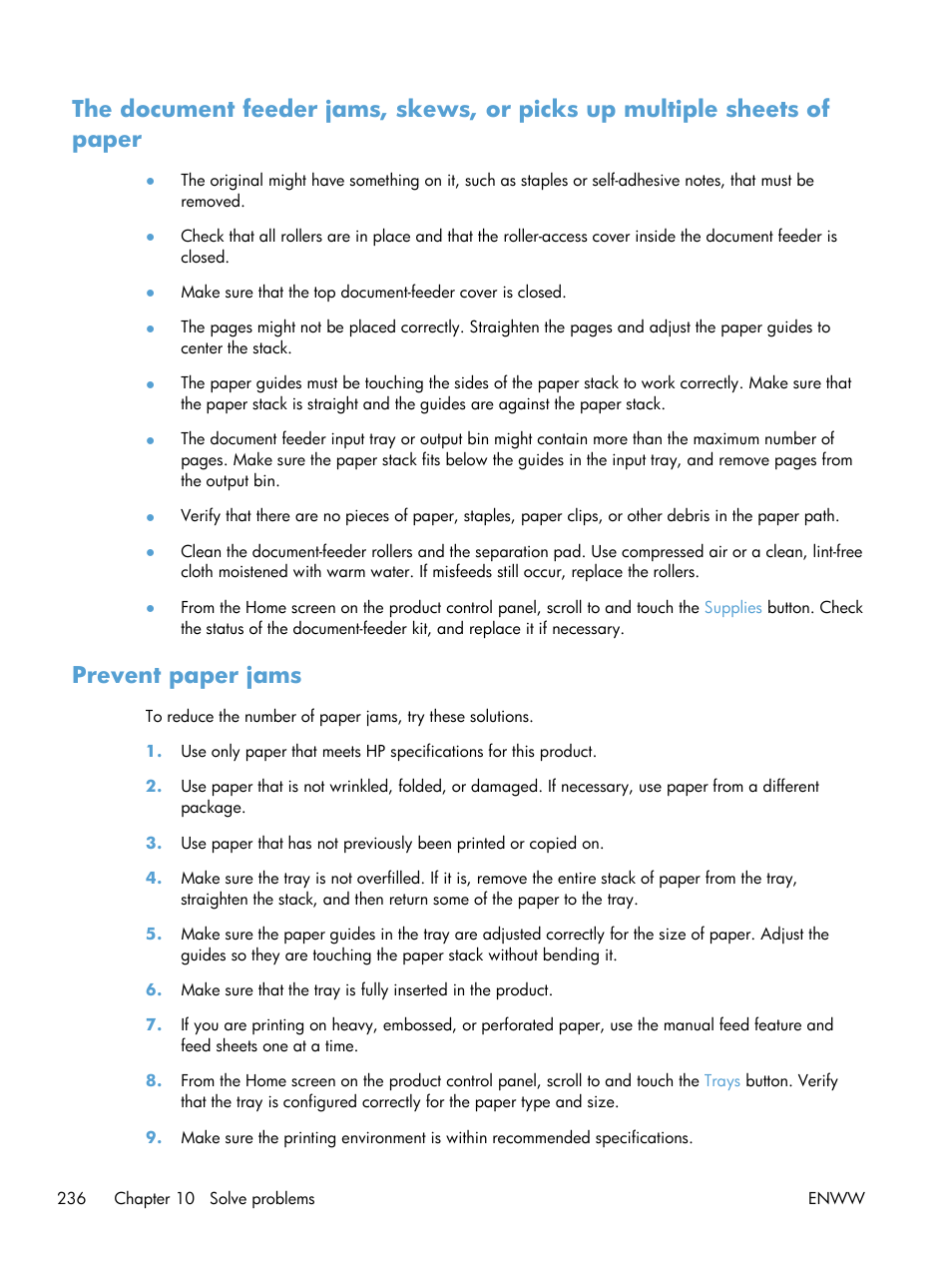 Prevent paper jams | HP LaserJet Enterprise 700 color MFP M775 series User Manual | Page 250 / 332