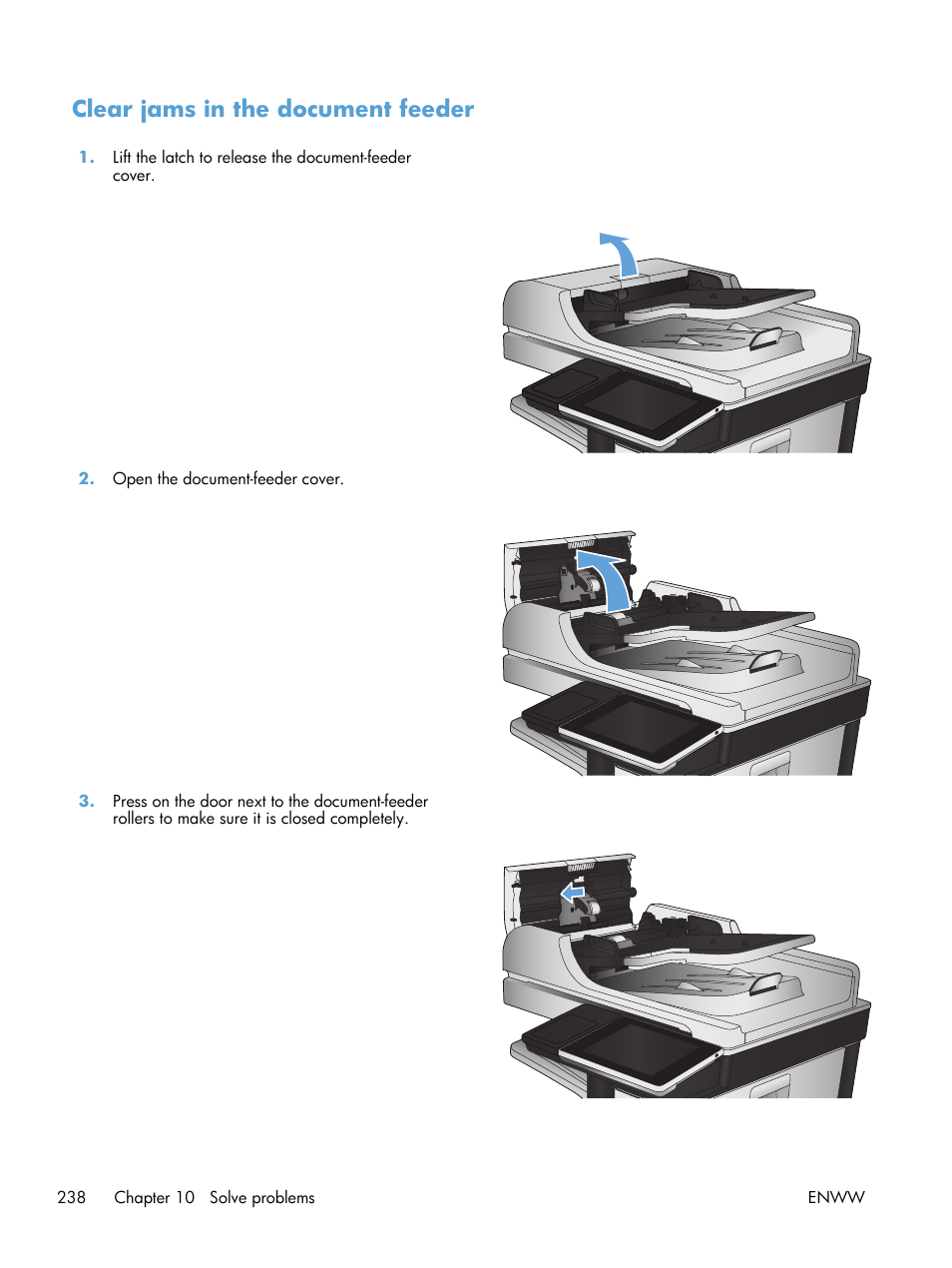 Clear jams in the document feeder | HP LaserJet Enterprise 700 color MFP M775 series User Manual | Page 252 / 332