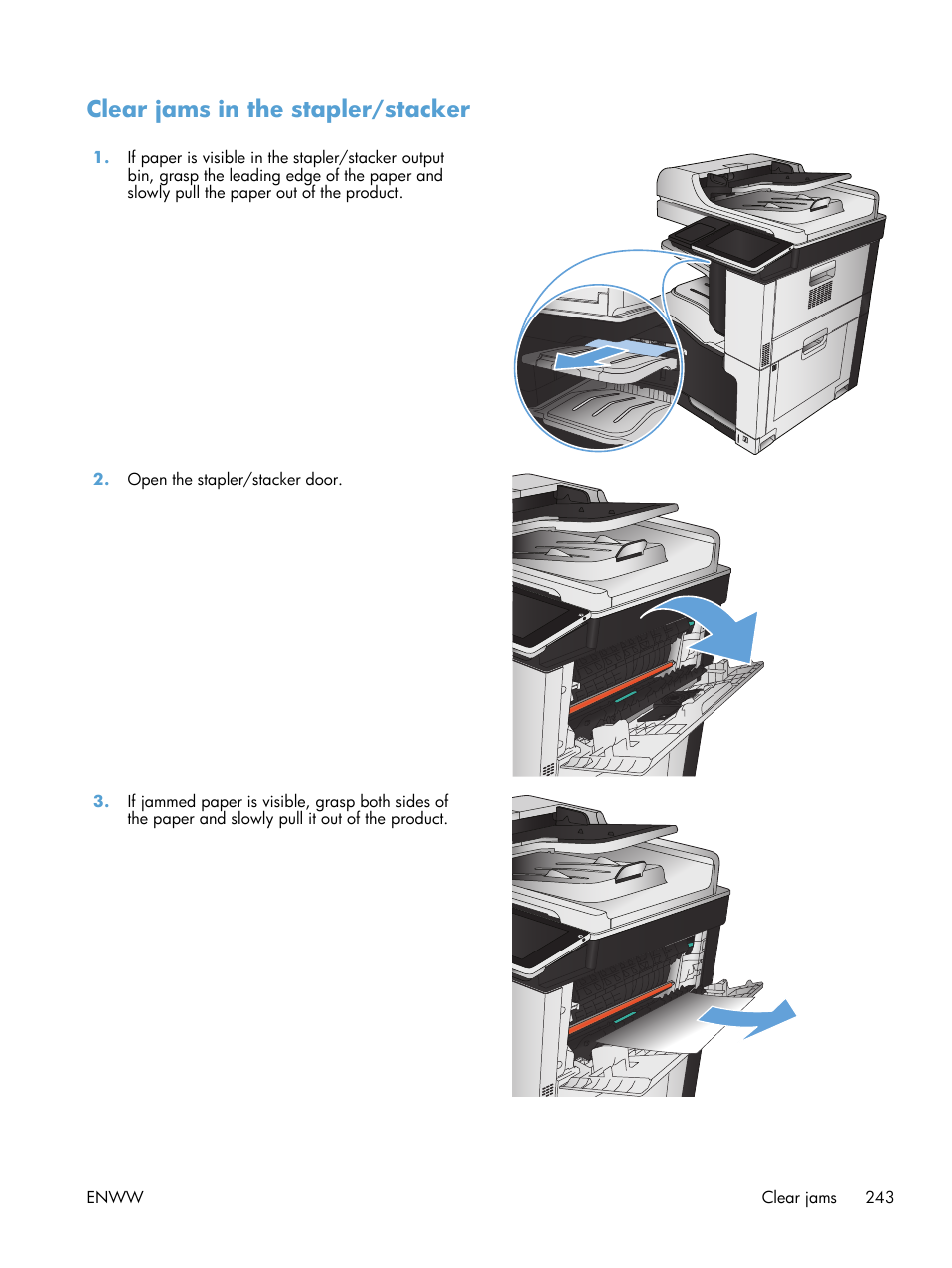 Clear jams in the stapler/stacker | HP LaserJet Enterprise 700 color MFP M775 series User Manual | Page 257 / 332