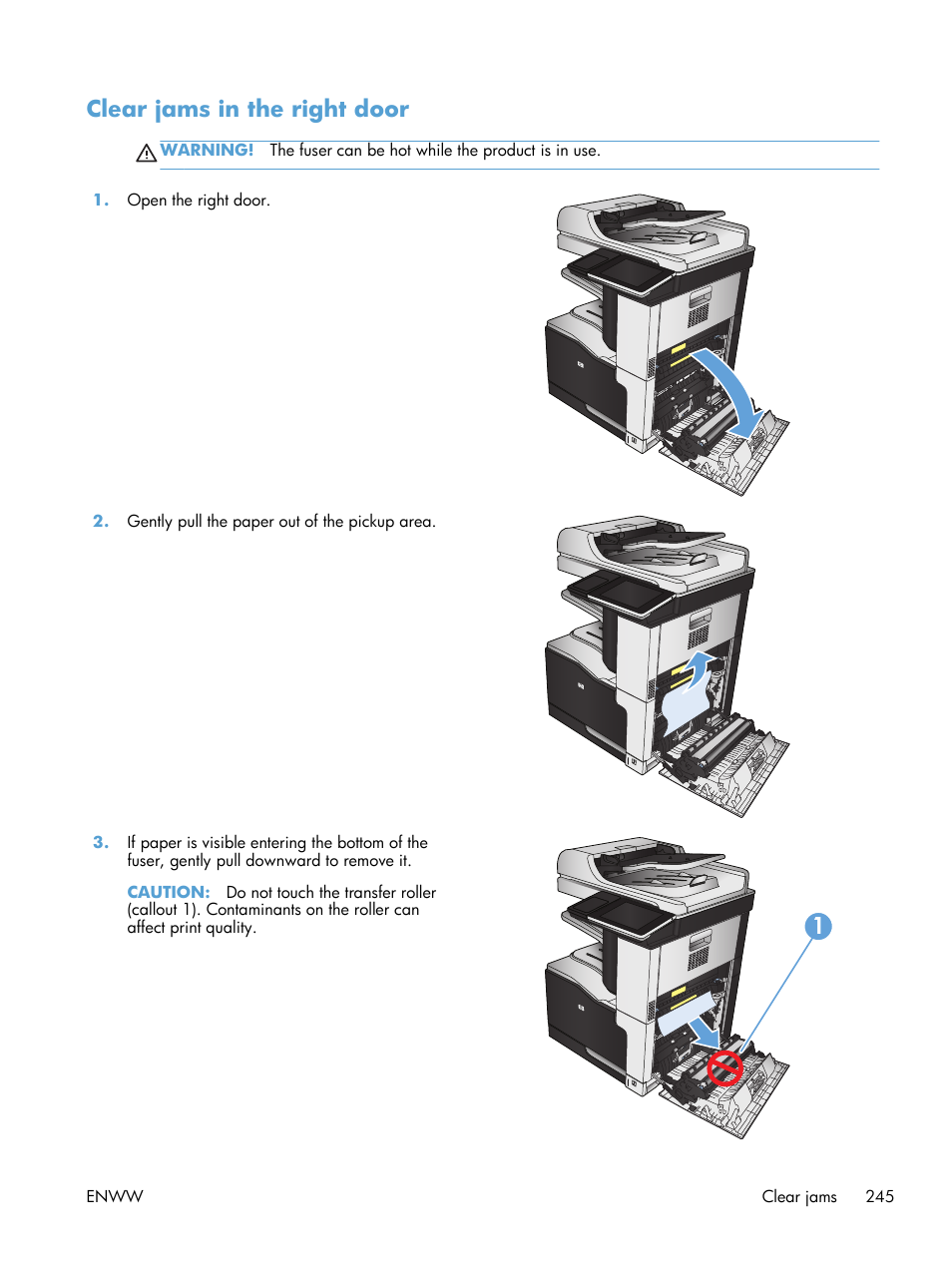 Clear jams in the right door | HP LaserJet Enterprise 700 color MFP M775 series User Manual | Page 259 / 332