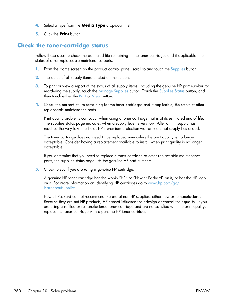 Check the toner-cartridge status | HP LaserJet Enterprise 700 color MFP M775 series User Manual | Page 274 / 332