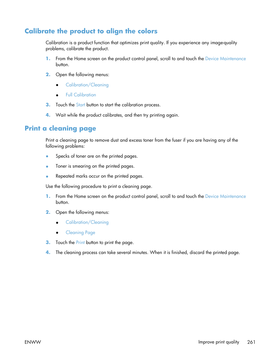 Calibrate the product to align the colors, Print a cleaning page | HP LaserJet Enterprise 700 color MFP M775 series User Manual | Page 275 / 332
