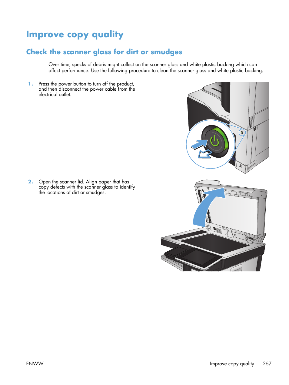 Improve copy quality, Check the scanner glass for dirt or smudges | HP LaserJet Enterprise 700 color MFP M775 series User Manual | Page 281 / 332