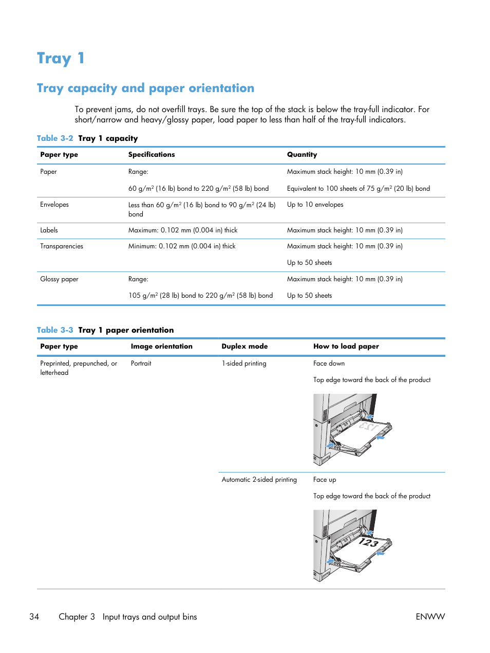 Tray 1, Tray capacity and paper orientation, 34 chapter 3 input trays and output bins enww | HP LaserJet Enterprise 700 color MFP M775 series User Manual | Page 48 / 332