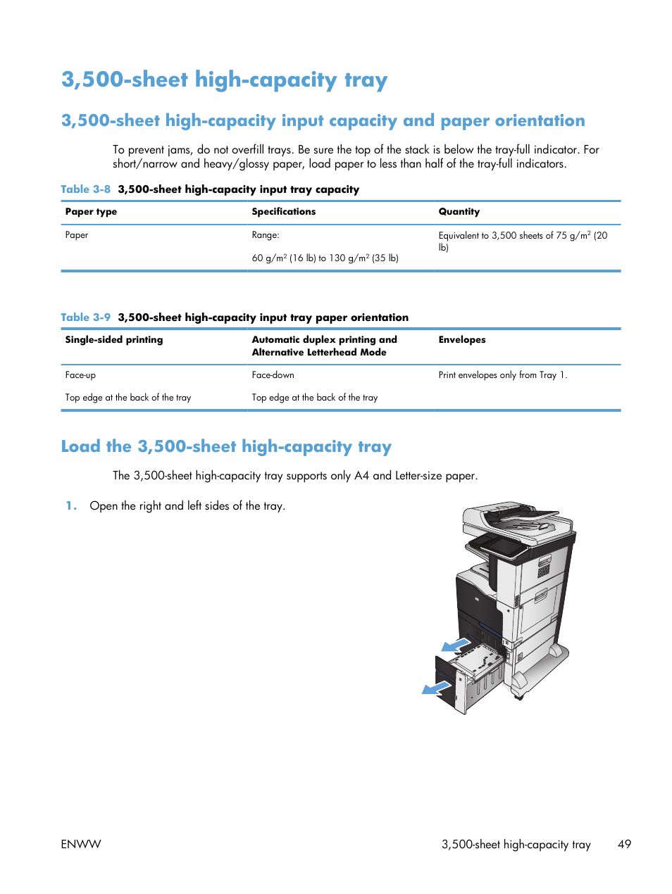 3,500-sheet high-capacity tray, Load the 3,500-sheet high-capacity tray | HP LaserJet Enterprise 700 color MFP M775 series User Manual | Page 63 / 332